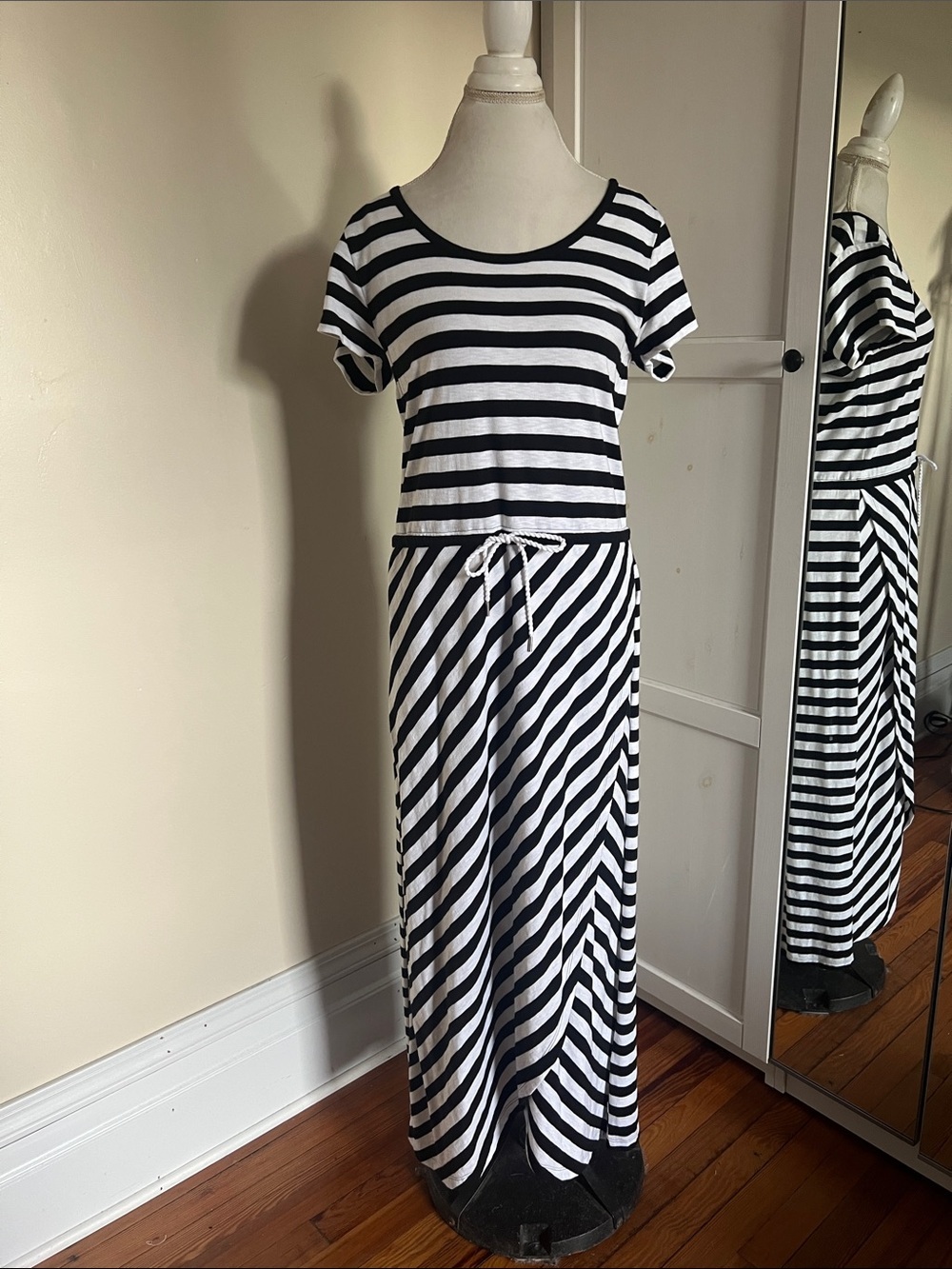 Talbots Black White Striped Nautical Maxi Dress Knit Drawstring Waist Medium